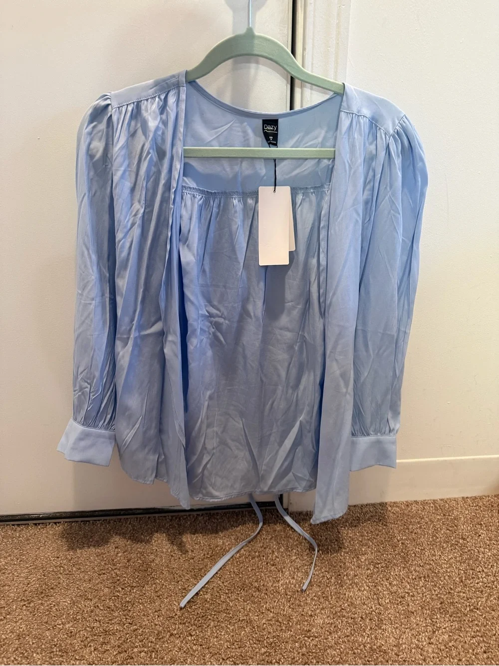 Light Blue Satin-Look Tie Front Blouse